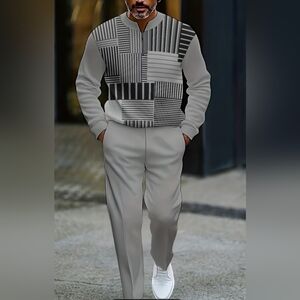 Men's Casual Sportswear Set, Fashionable Gray and Black Colors. Top & Bottoms.